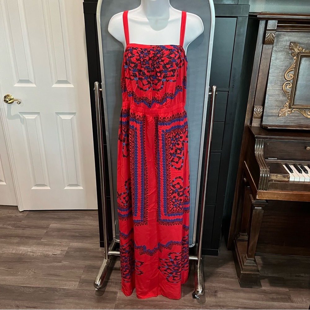 1x Old Navy Red Maxi Dress with Blue Pattern